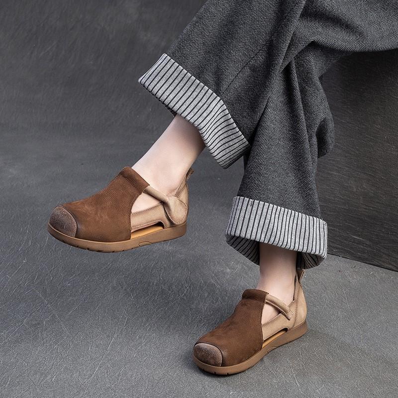 Johnature Genuine Leather Mixed Colors Sandals Round Toe Hollow Retro Style Women's Shoes