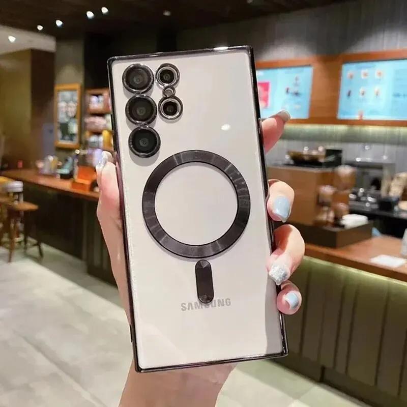 Luxury Plating Transparent For Magsafe Phone Case For Samsung Galaxy S25 S24 S23 Ultra Plus FE Wireless Charge Shockproof Cover