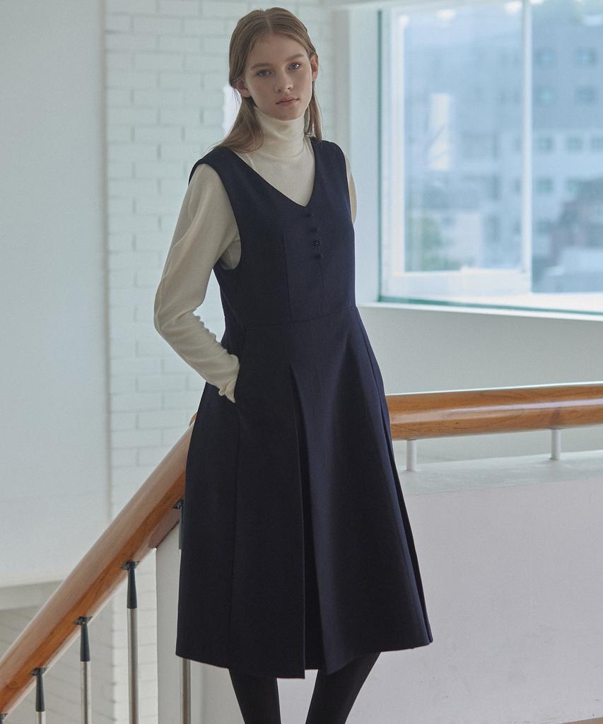 Nonlocal Wool Blend Pleats Dress - Navy