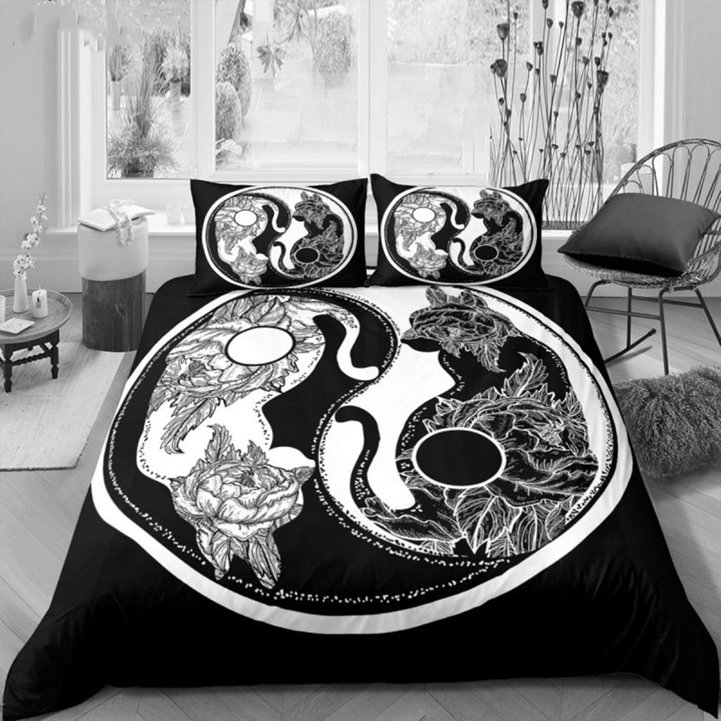 Black and White Yin Yang Duvet Cover Chinese Style Gossip Koi Couple Fish Mysterious Art Theme for Boy Girls Adult Bedroom Decor