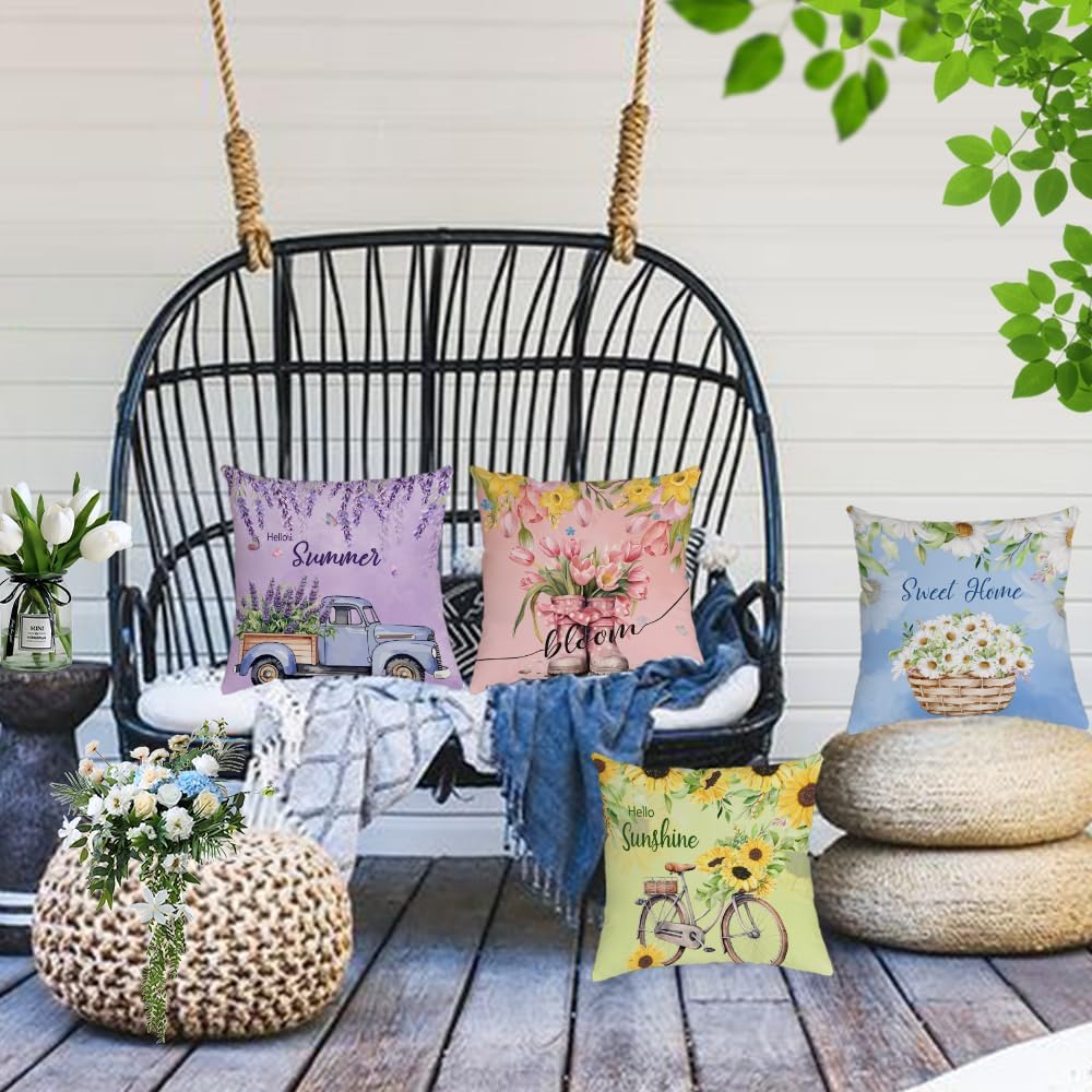 Spring Summer Pillow Covers Set Of 4 Floral Throw Pillow Covers Hello Sunshine Flower Cushion Covers Square Soft Pillow Cases