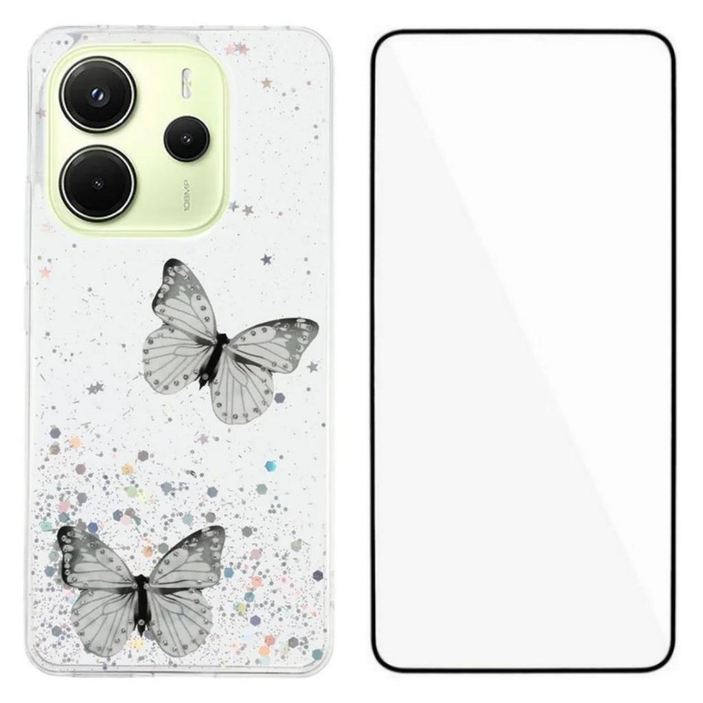 For Xiaomi Redmi Note 14 4G (163.25x76.55x8.16mm) TPU Case WANLONFENG AW Series PVC Butterfly Epoxy Phone Cover with HD Film