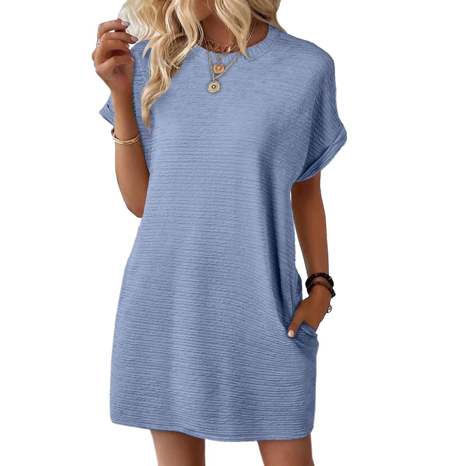 

Women s Summer Round Neck Cuffs Rolled Solid Color Short Sleeve Pocket Dresses XL