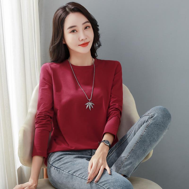 2024 Spring & Autumn Women's Long Sleeve Round Neck T-shirt - Korean Style Casual Solid Color Base Layer