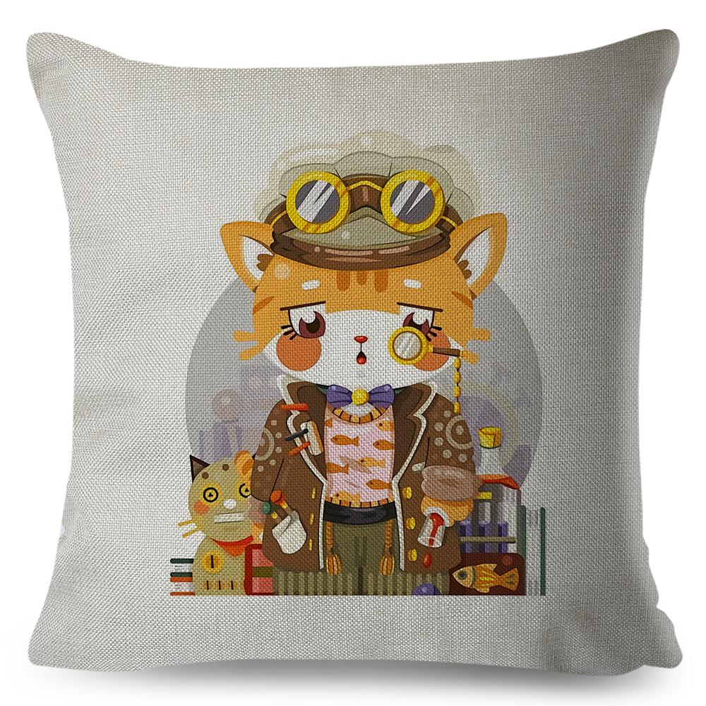 Adorable Cat Character Cushion 45x45cm Original Fantasy Theme Illustration High Resolution Print Woven Fabric Cover