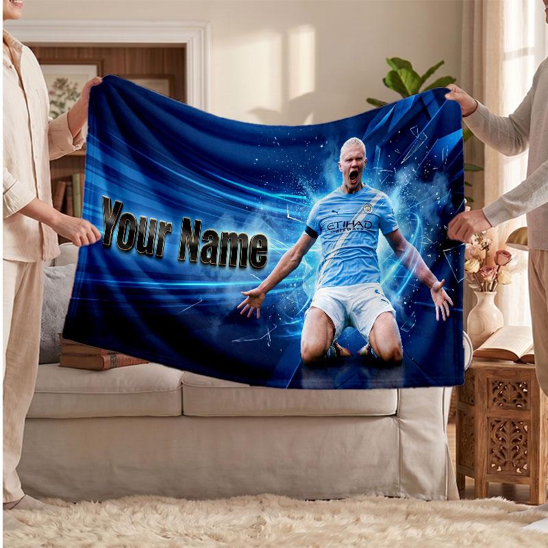 Erling Haaland Personalisierte Fleecedecke Mit Fußballlogo, Individueller Name Text Weich Warm Wohnzimmer Überwurfdecke