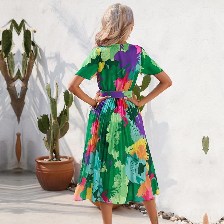 Floral Print Women Summer Dress Belted V Neck Short Sleeve Wrinkle Free