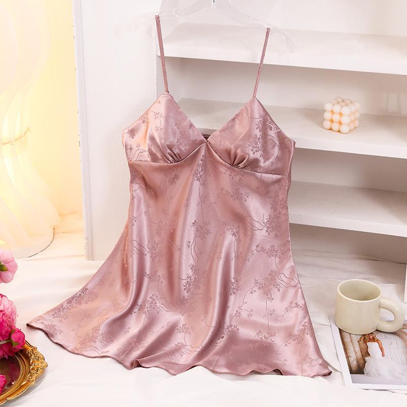 Sexy short backless home nightdress, solid color summer jacquard V-neck suspender skirt simulation silk thin dress women