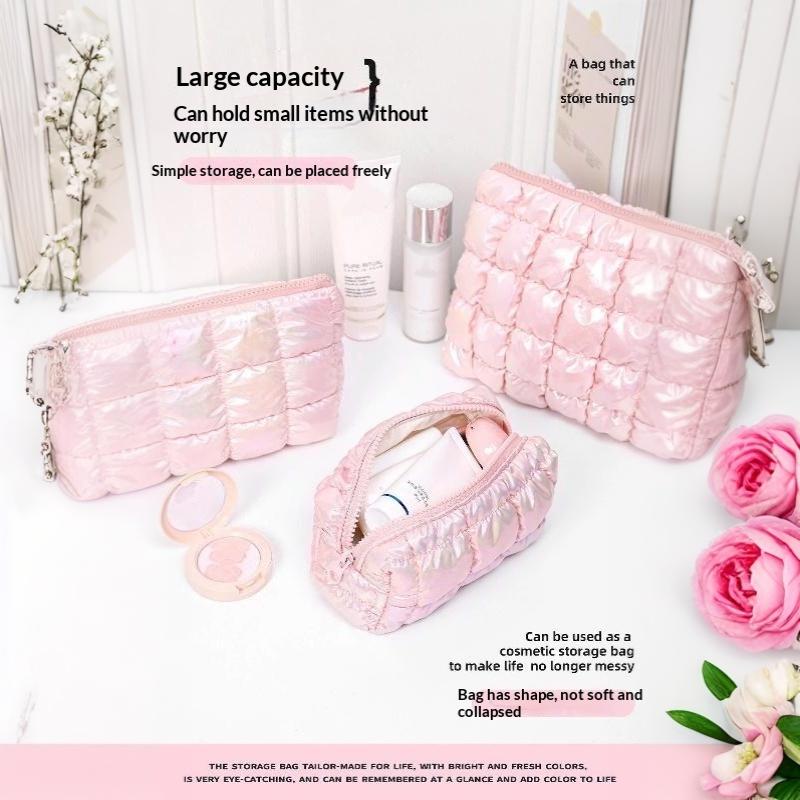 Iridescent Pink Puffy Makeup Bag With Bubble Grid Design Large Capacity For Travel Daily Cosmetic Storage