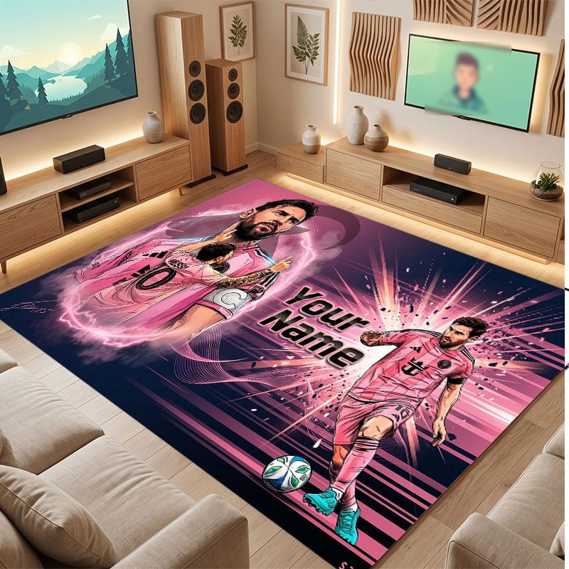 Lionel Messi Individueller Kristall-Samt-Teppich, Personalisierter Namens-Textdruck, Fußball-Logo Weiche rutschfeste Fußmatte Heimdekoration Geschenk