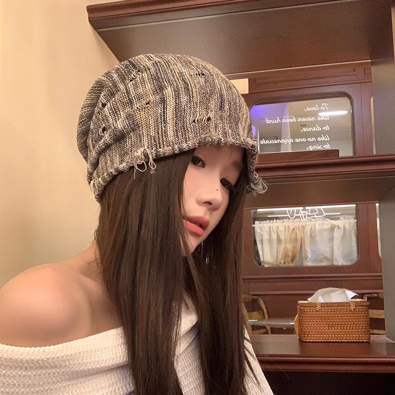 Personalized Distressed Hole Knitted Hat for Women in Autumn Niche Pile Hat Japanese Wasteland Air Cooled Hat Warm Pullover Hat
