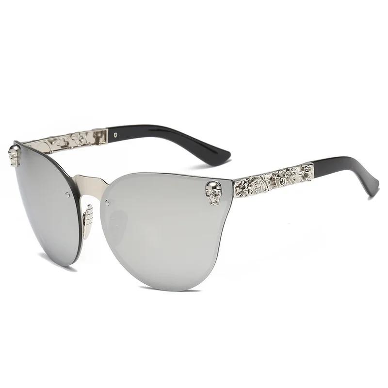 Gothic Skull Sunglasses Women Men Rimless Cat Eye with Skull Head Rhinestone Mirrored Ladies Sun Glasses Punk Metal Shades