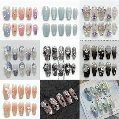HANDMADE Medium Long Coffin Shape Trapezoid Artificial Nail Art Summer Sweet Bean Temperament Blush Gradient Colorful Phototherapy Nails Reusable