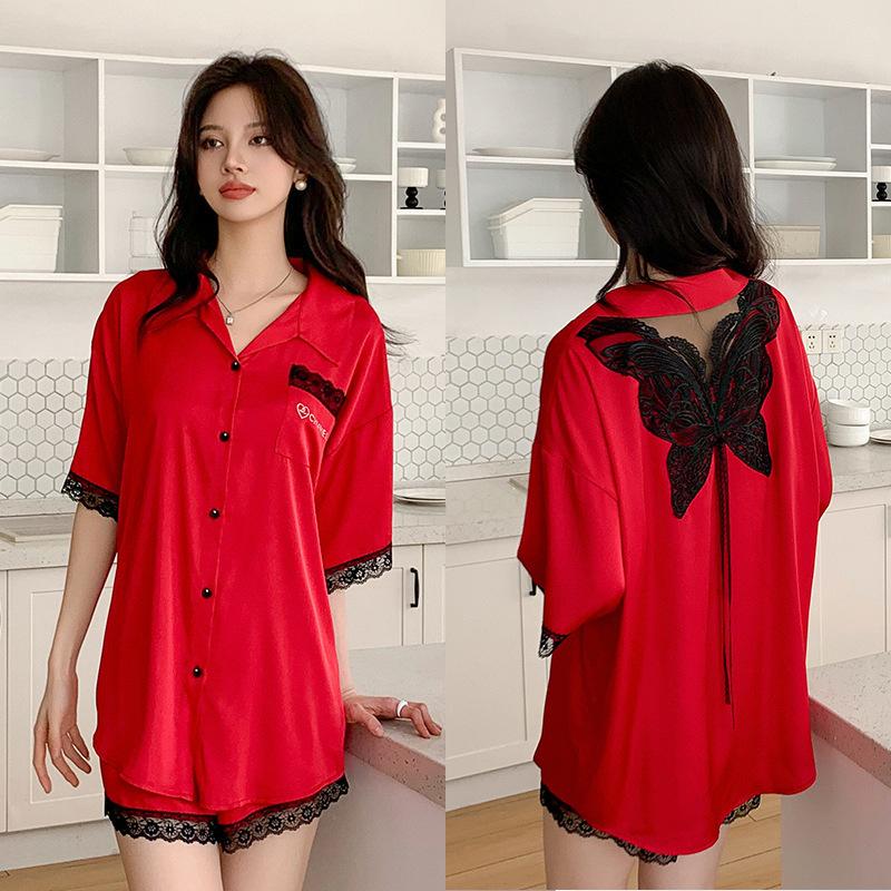 Butterfly Pajamas Summer Cardigan Short Sleeve Shorts Set Lapel Loose and Comfortable Ice Silk Satin Pajama Set