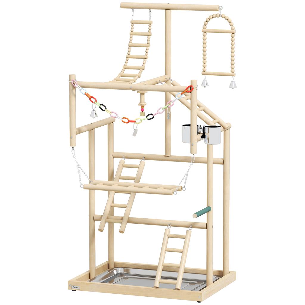 95 cm Wooden Bird Playground with Ladders, Chain Toy, Stainless Steel Cups and Tray, Bird Cage Accessories, Natural