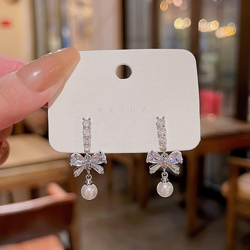 Zircon Bow Tassel Earrings: 925 Silver, Trendy, Versatile, Light Luxury