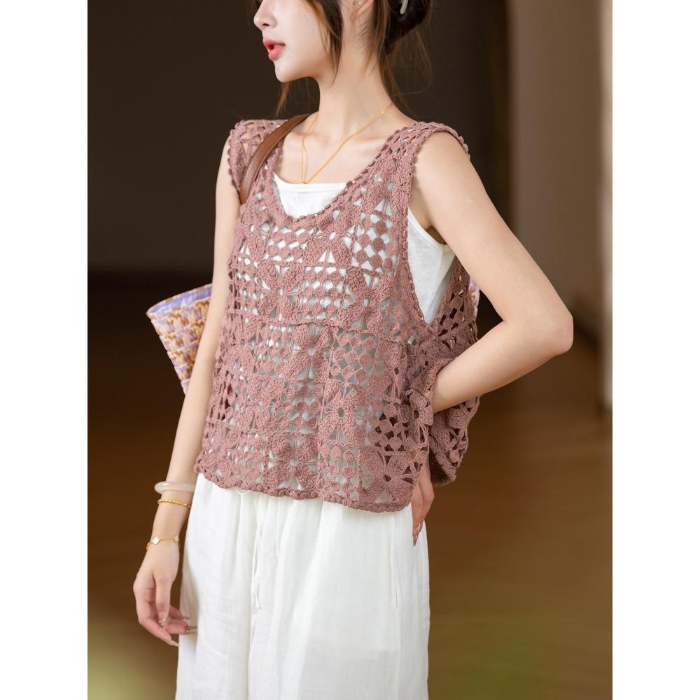 DIMANAF 2026 T-Shirt Women Knitting Lace Vest O-Neck Hollow Summer Style Basic Tops Tees Loose Clothing