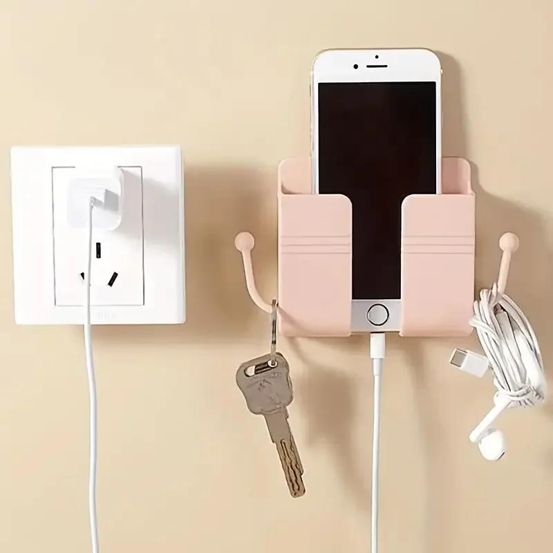 Self-Adhesive Wall Organizer Storage Box Wall Mount Phone Holder Plastic Charging Phone Stand Bracket Holder for Bedroom Office