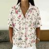 Women's Fashion Polo Collar Button Front Vintage Floral Print Loose Fit Short Sleeve T Shirt Linen Blend Casual Top