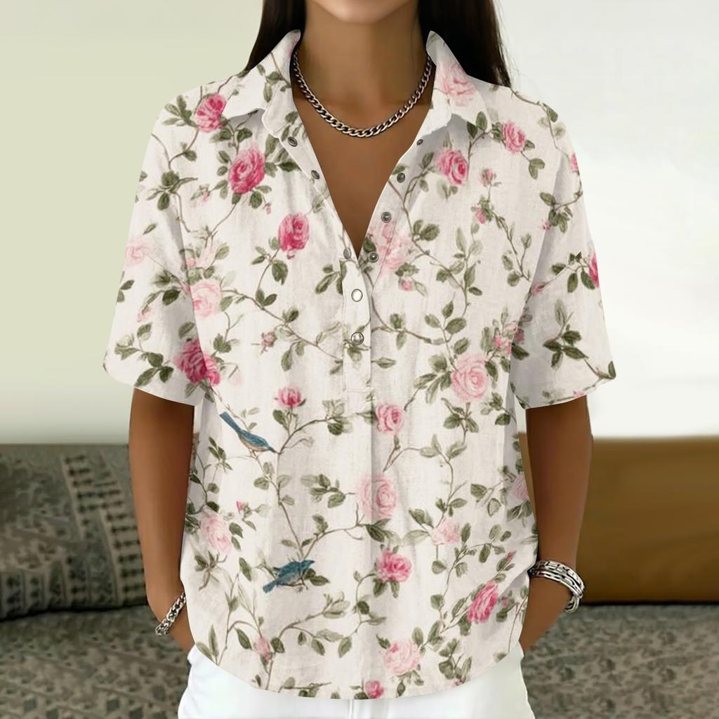 Women's Fashion Polo Collar Button Front Vintage Floral Print Loose Fit Short Sleeve T Shirt Linen Blend Casual Top