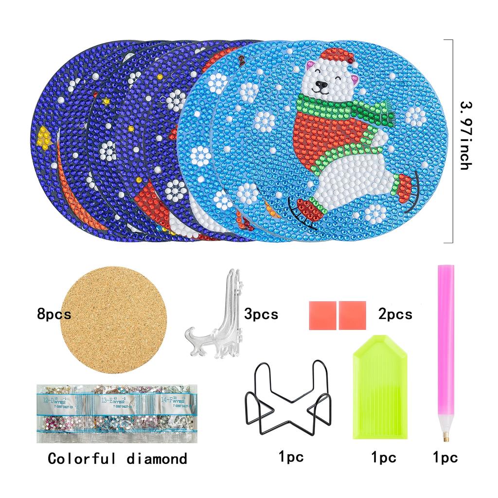8-Pack Diamond Art Coaster Kit, DIY Diamond Painting Kit, 5D Diamond Painting Kit with Holder, Coaster Craft Kit for Beginners, Adults, and Kids (Red