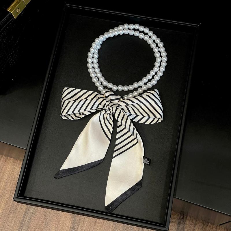 Faionable Polka Dot Scarf Waist Belt For Women Decorative Pearl Splicing Neck Ribbon Elegant Stripes Fluttering Ribbon