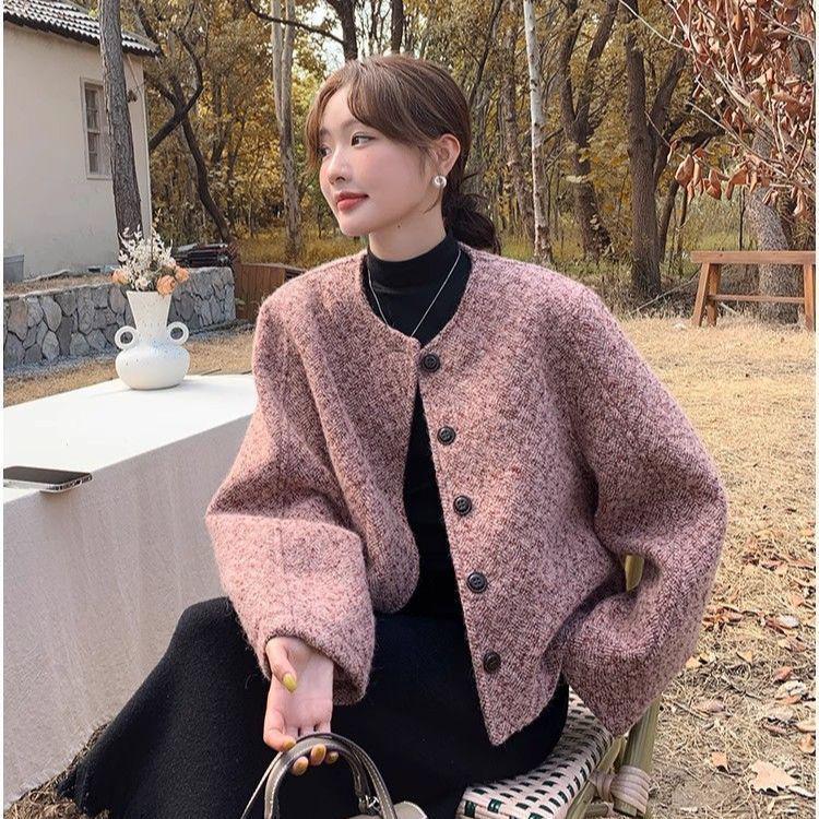 Purple-Pink French Tweed Jacket: High-End Winter 2025 Hangzhou Style, Wide Sleeves, Short, Padded.
