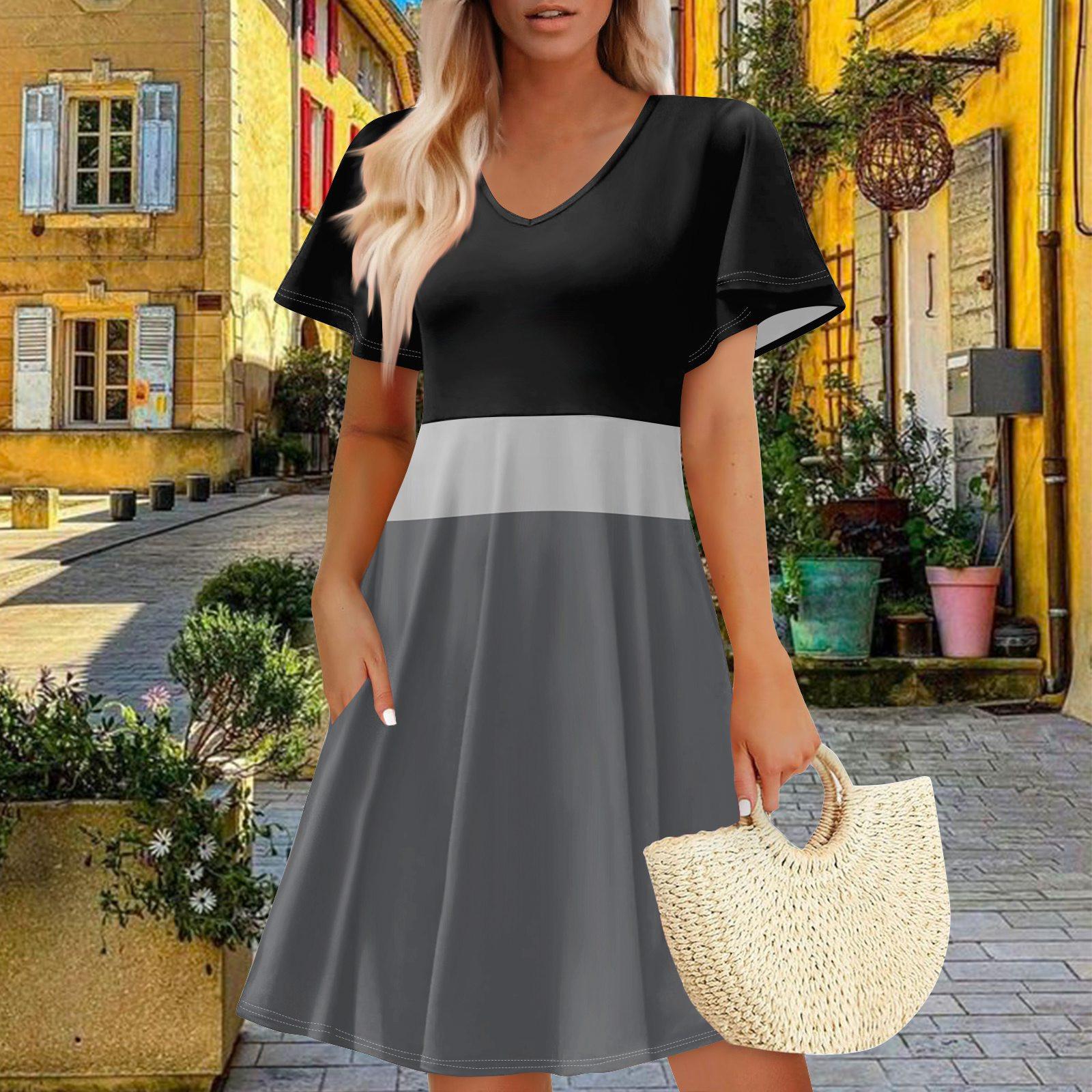 

Women Summer Dress Casual Swing Floral Ruffle Short Sleeve Sundresses Beach A-line Dress With Pockets XL винний