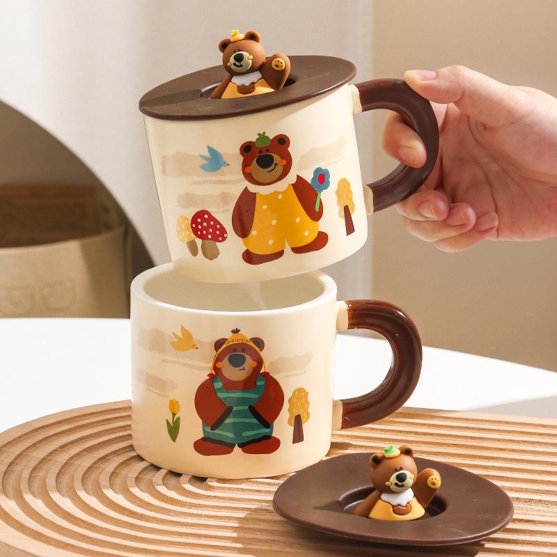 Fufu Cartoon Mug Cute Bear with Cover Couple Home Water Cup Ceramic Office Gift Box