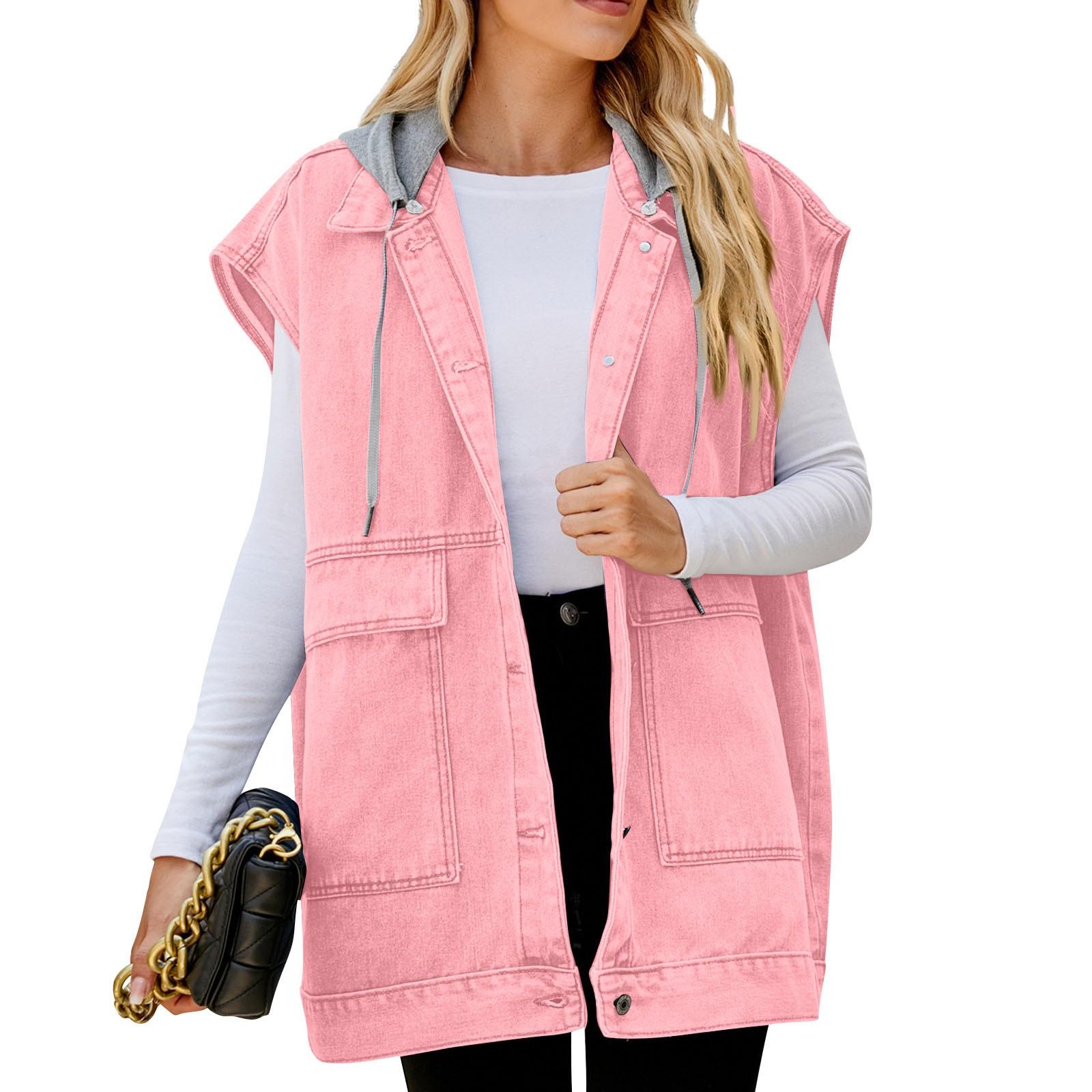 

Женская повседневная свободная винтажная джинсовая жилетка с капюшоном S розовый
