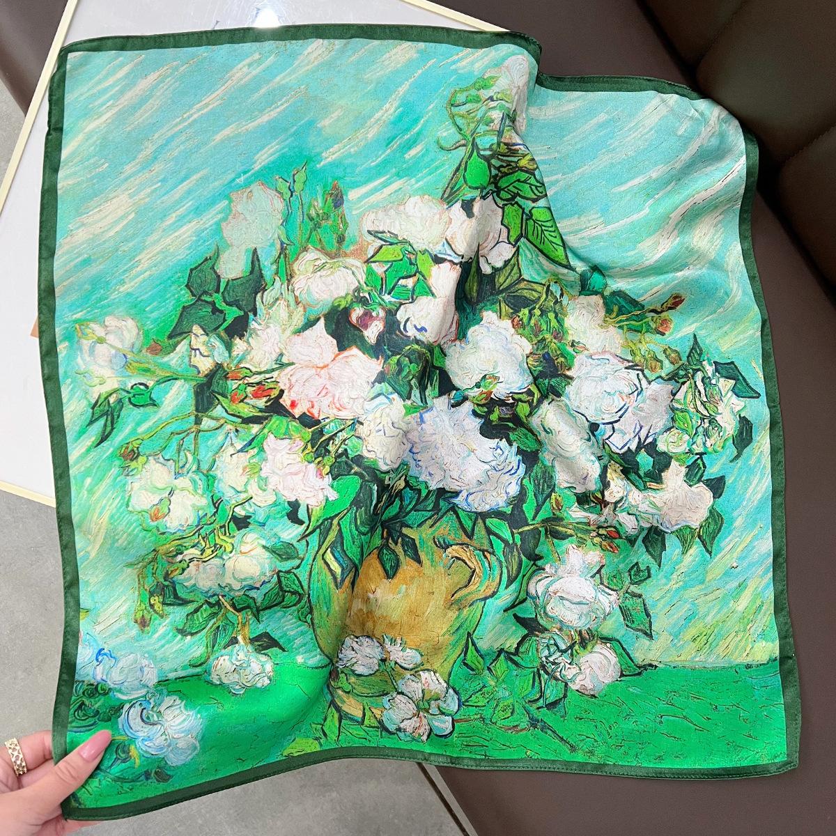 Van Gogh White Rose Oil Painting Square Silk Scarf 100 Mulberry Silk Women Fashion Neckerchief 5353cm