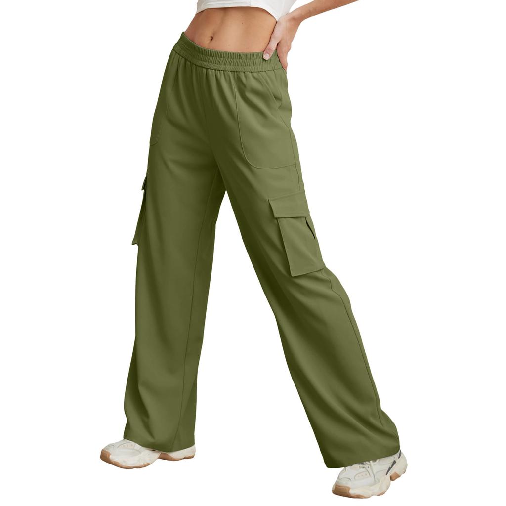 Women's Color Elastic Waist Cargo Pants with Pockets Casual Work Trousers