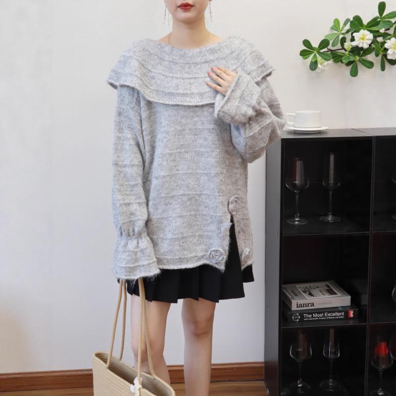 Lotus leaf collar three-dimensional flower butterfly design sense knitted sweater top autumn and winter new loose sweater pullover woman