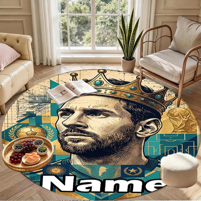 Custom Name Personalized Leo Messi Print Round Rug, Versatile Home Decor Carpet, for Playroom, Apartment, Balcony, Entryway, Hallway Gift