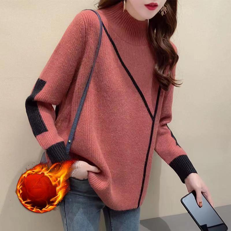 Semi-turtleneck Sweater Women's Autumn and Winter Thickened Design Sense Women's Knitted Sweater Winter Velvet Versatile Loose Bottoming Top