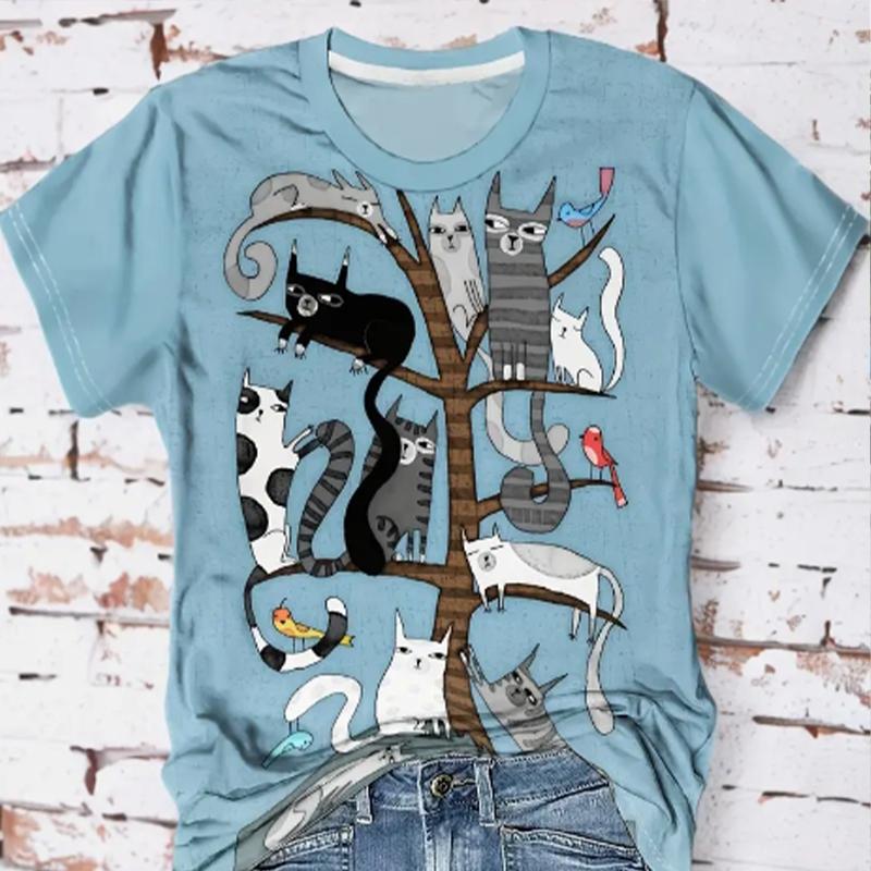Mode Damen Bunt Katze Gras Print T-Shirt Lustig Lässig O-Ausschnitt Kurzarm T-Shirt Sommer Damen T-Shirt