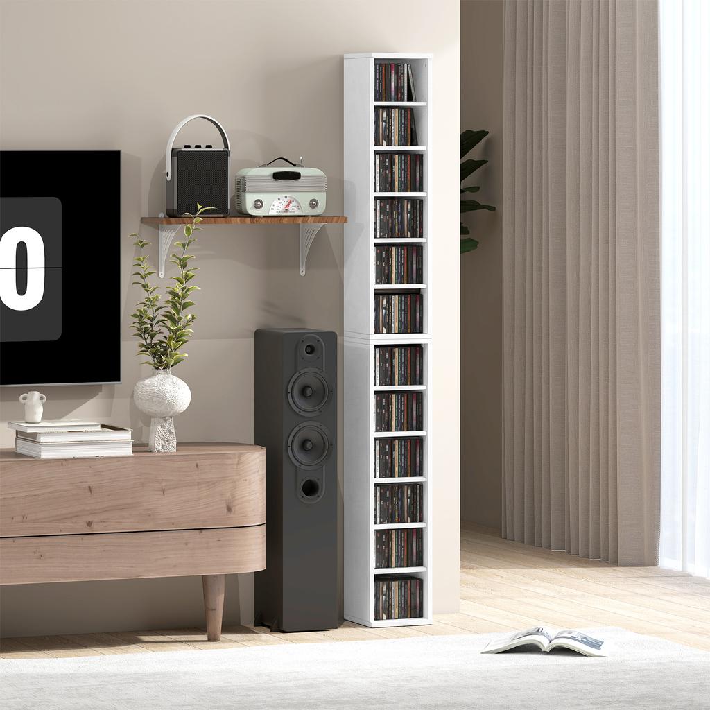 204 CD Storage Racks Set of 2, Blu-Ray Tower Stand with Adjustable Shelves, Bookshelf Organizer, White