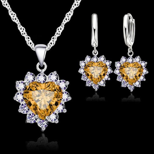 Trendy Heart Austrian Crystal 925 Sterling Silver Pendant Necklaces Earrings Set For Women Wedding Bridal Jewelry Sets