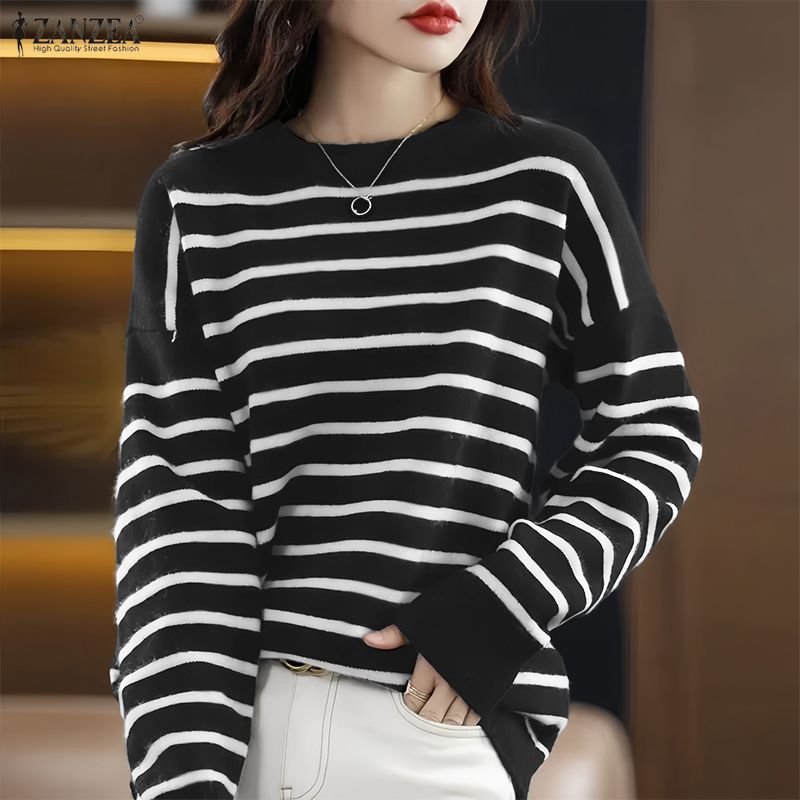 ZANZEA Women Casual Round Neck Loose Long Sleeve Stripe Print Autumn Blouse
