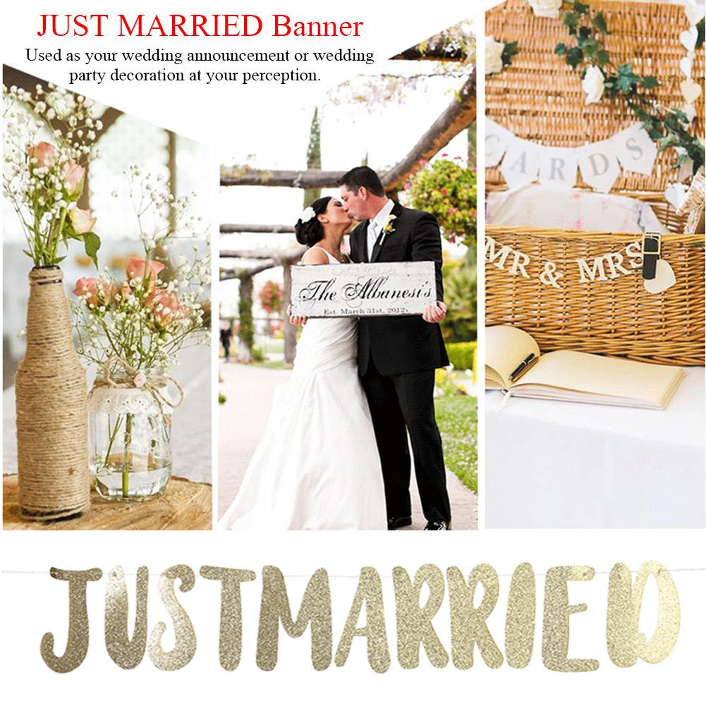 

JUST MARRIED Banner Bunting Letter Streamer Bridal Shower Wedding Decoration(Gold)