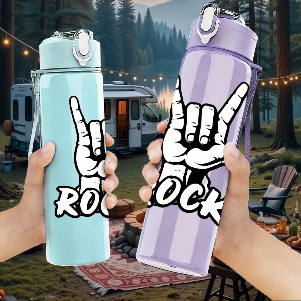 1PC Rock On Hand Gesture Sign Print 750ml Color Plastic Sports Water Bottle Leakproof Flip Straw Lid Suitable for Sports Office Home Use