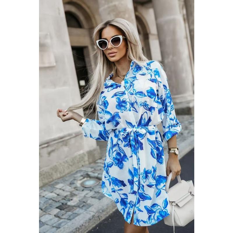

Элегантные платья-рубашки с длинным рукавом с принтом Женская мода Цветочные Повседневные Свободные Простые Вечерние Короткие платья Весна Лето Со шнуровкой Милая Женская одежда S белый
