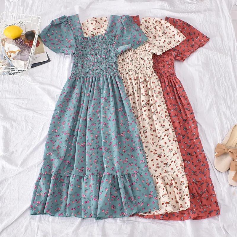 New Spring Summer Dress Women Mini Dresses Female Short Sleeve Elastic Bust Printed Floral Pleated Backless Casual Dress