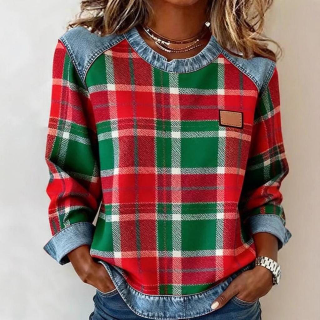 Geruite Denim Ronde Hals Loszittende Dames Hoodie