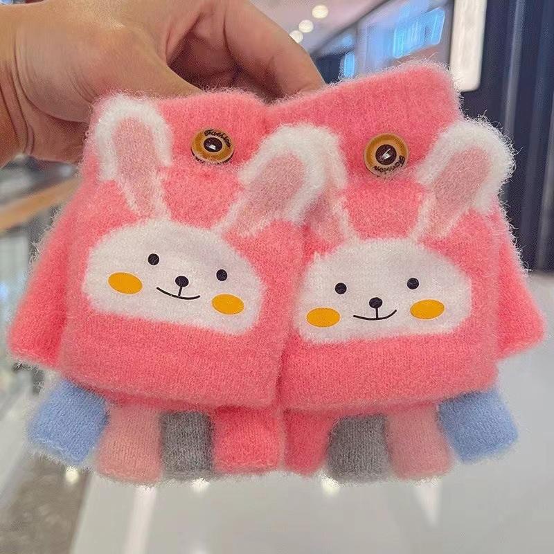 Winter Warm Kids Flip Cover Five Finger Goves Cartoon Bunny Children Knit Mitten Primary School Students Mountaineering Gloves
