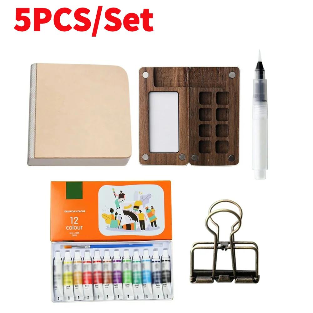 Mini Portable Watercolor Palette Set Watercolor Sketch Book with Binder Clips Portable Watercolor Travel Set for Travel Drawing