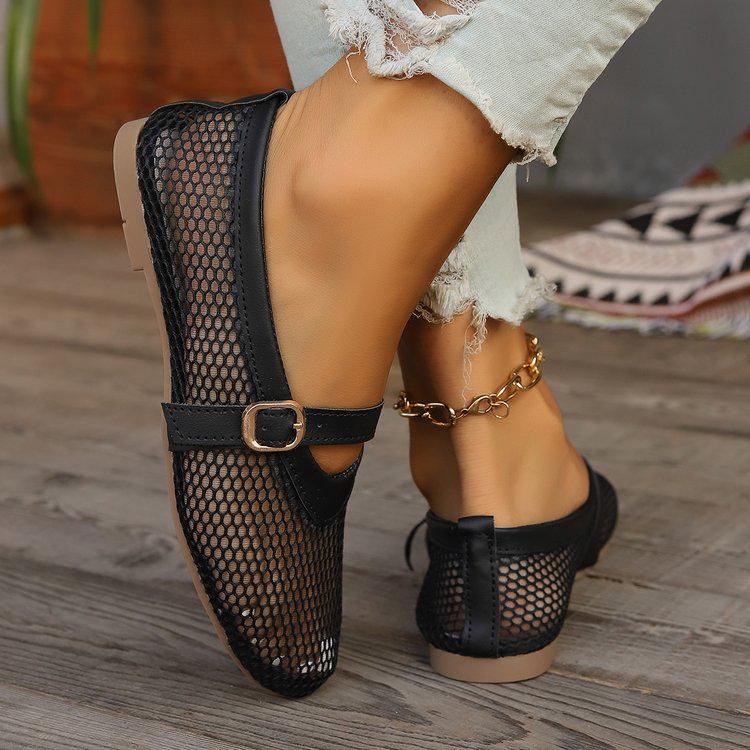 Women's Summer Hollow Mesh Mary Jane Flat Sandals with Round Toe and Buckle Strap