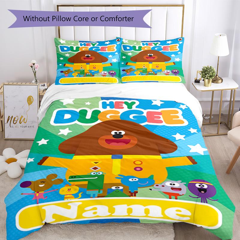 3pcs Custom Name Hey Duggee Bedding Set Duvet Cover Closure Includes 1 Duvet Cover & 2 Pillowcases, Soft and Comfortable for All Seasons.