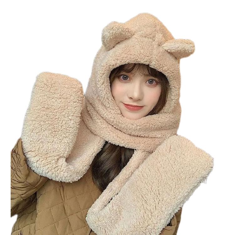 3 in 1 Girl Scarf Bear Hat Furry Caps Scarf with Gloves Set Winter Warm Headgear for Casual Outdoor Wear