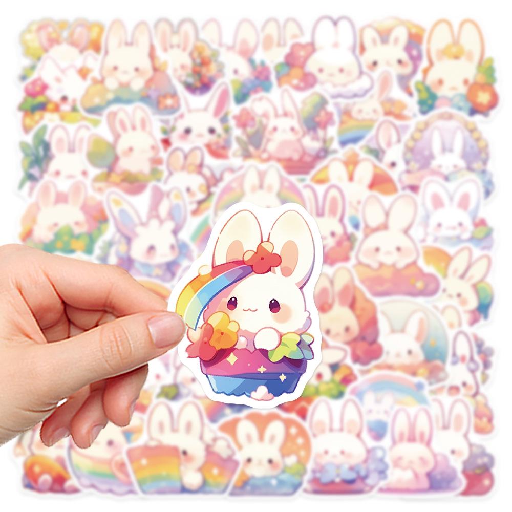 50 Cartoon Rainbow Rabbit Stickers for Suitcases, Diaries, Phone Cases, and DIY Decorations.